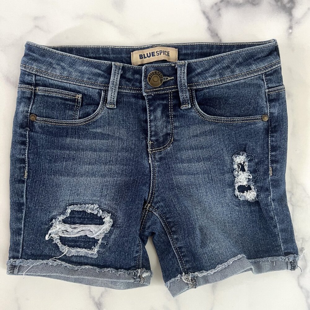 Blue Spice Cuffed Midi Jean Shorts, Medium Blue, Size 8